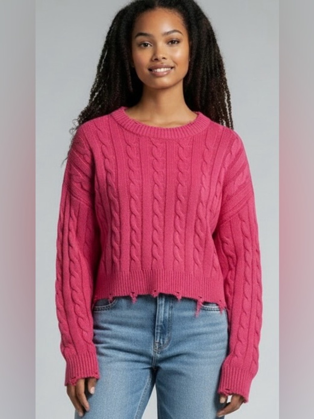 NWT KateJ NYC Pink Cable Knit Sweater with Lettuce Edge Trim - M